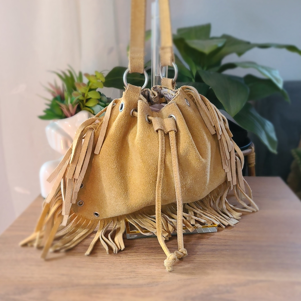 Suede Fringe Drawstring Shoulder Bag